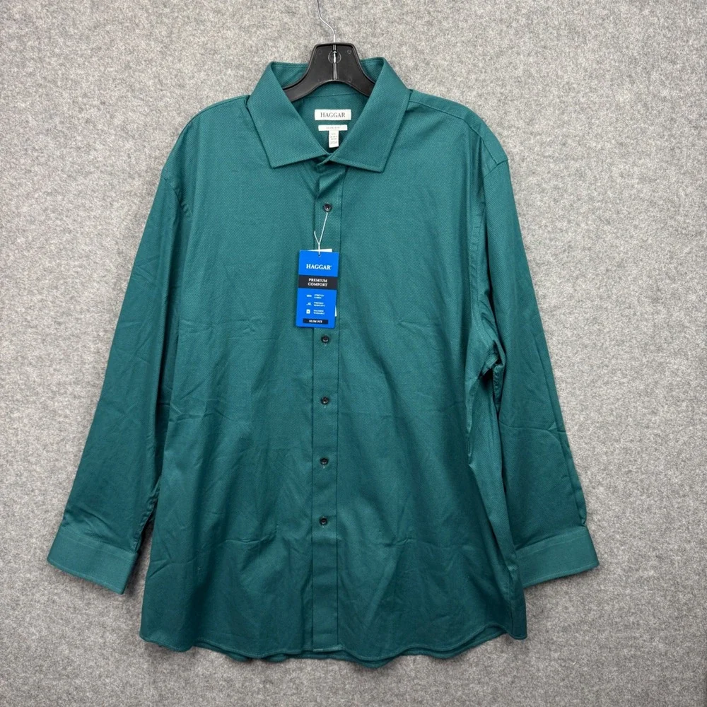 Haggar Premium Comfort Dress Shirt XXL 18-18.5 34/35 Slim Fit Dark Green Stretch